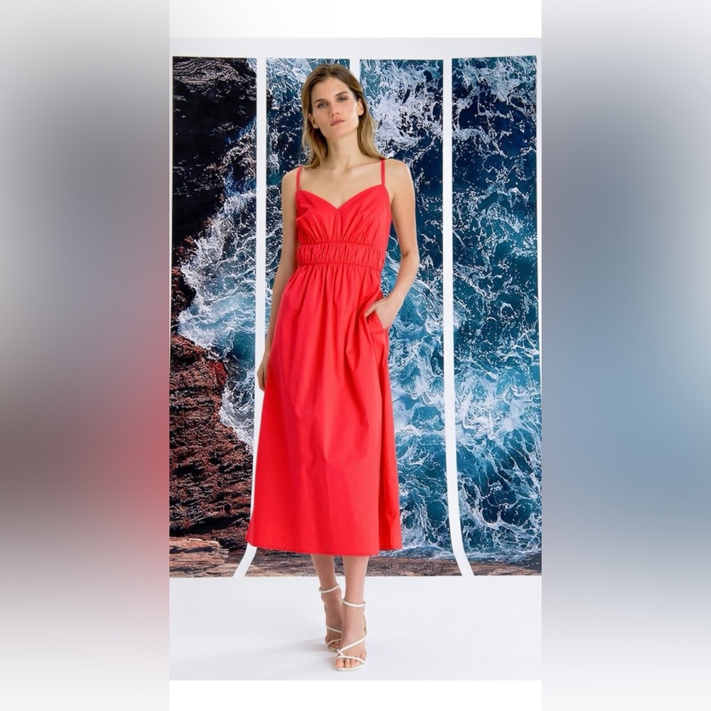 NWT Donna Morgan Red Cotton Ruched around waist SunDress w/ Pockets Size 8 - Picture 4 of 15